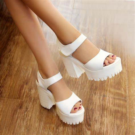 White patent leather platform heel sandals with comfortable ankle strap and non-slip sole